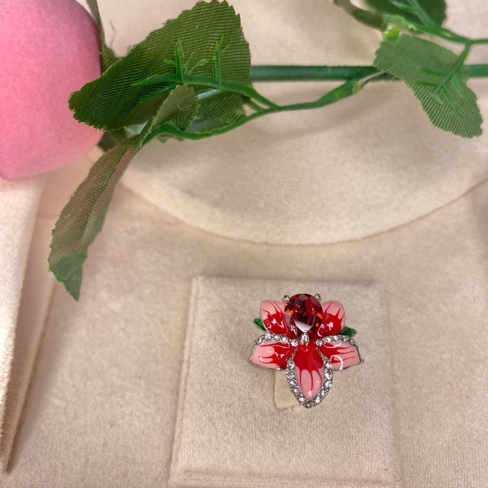 🌹 Silver Pink & Ruby Red Rhinestone Floral Ring 6 🌹 Including Velvet👑 Gift Box 🎀 - Picture 4 of 14